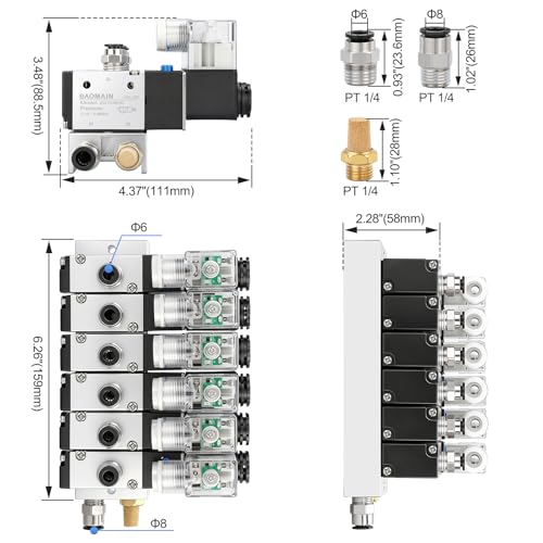 BAOMAIN 12V DC 3/2 Pneumatic Solenoid Valve 6 Station 3V210-08 Manifold Kit - size: 6-Station Valve Kit