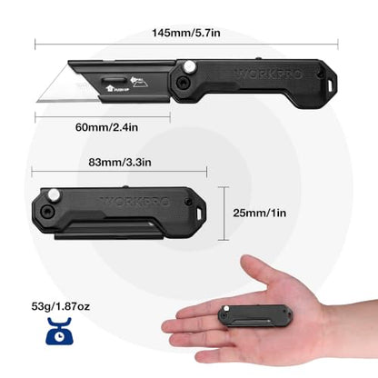 WORKPRO 2PCS EDC Folding Utility Knife, Mini Box Cutter with Quick Open Axis Lock, Quick Change Blade Razor Knife, Foldable Small Pocket Knife with Belt Clip, 2 Packs with 10 Extra Blades - color: Black-g10