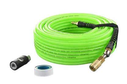 RayMagic Air Compressor Hose 1/4 Inch x 100 Feet Flexible Reinforced Polyurethane (PU) Air Hose 300PSI With Brass Fittings, Strain Reliefs, 1/4" 360 Swivel Coupler and Plug,1PCS Safety Coupler - color: Green