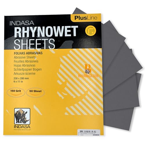 Indasa 50 PCS 9x11” Wet & Dry Sandpaper Sheets, 150 GRIT, Rhynowet Clog-Resistant Abrasive for Wood, Metal, Auto, Paint & Clear Coat Finishing, Sand Paper Aluminum Oxide, Plusline - size: 150 9"x11" GRIT Aluminum Oxide