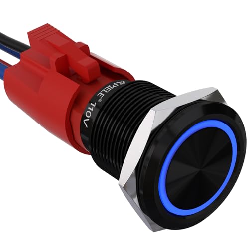 APIELE 19mm Latching Push Button Switch 110V-220V AC 10 Amp SPST LED Waterproof Round Self-Locking 1NO (Black Aluminum, Blue) - color: Black Shell-Blue, size: 19MM