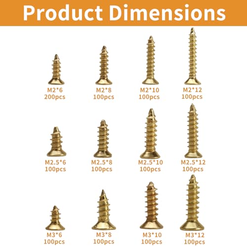1300 Pcs Wood Screws Kit - M2 M2.5 M3 Flat Head Self-Tapping Screws - color: gold