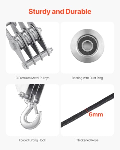 VEVOR 4400 lbs Breaking Strength 100 FT Rope Pulley Hoist, 5:1 Lifting Power Heavy Duty Pulley System with 2pcs Soft Loops, Metal Wheels Bearing Structure, Block and Tackle for Lifting Heavy Objects - size: 0.23" x 100'