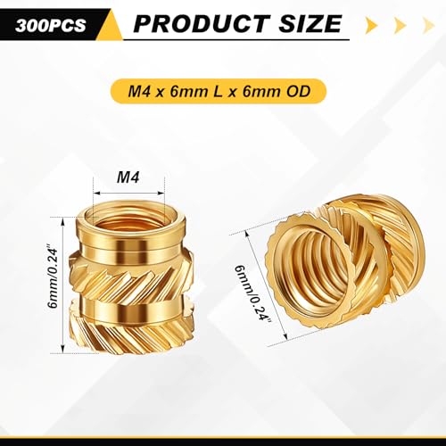 Yaocom 300 Pcs M4 Threaded Inserts M4 x D6 x L6 Heat Set Inserts - size: M4 X D6 X L6