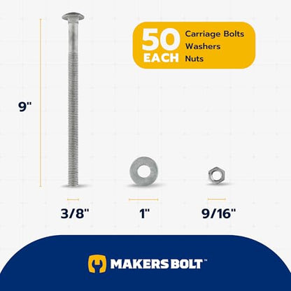 3/8" x 9" (50 Pack) Galvanized Carriage Bolt Kit, Grade 307A, Hot Dip Galvanized for Exterior Use by Makers Bolt - size: 3/8 x 9