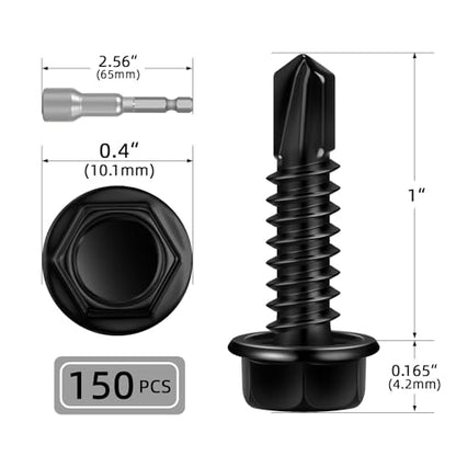 150 PCS #10 x 1 Sheet Metal Screws, Black Hex Washer Head Self Drilling Screw, Flanged Self Tapping Screws, 410 Stainless Steel - size: #10 x 1"