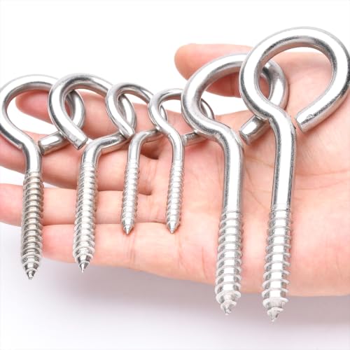 6 Pcs Mixed Screw Eye Hooks, Load Capacity 500 lbs, 304 Stainless Steel Ring Bolts for Wood, Self-Tapping Eyelet for Heavy Duty Hanging, Indoor & Outdoor Use - size: Mixed Screws