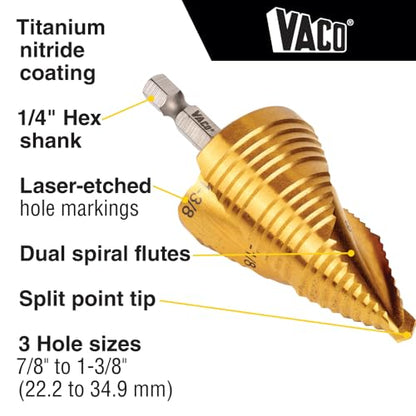 Klein Tools 25960 Step Drill Bit, 7/8 to 1-3/8-Inch, Spiral Double-Fluted, Cut Thin Metal, Plastic, Aluminum, Wood, 1/4-Inch Hex Shank, VACO