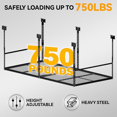 4x8 Ft Overhead Garage Storage Rack, 28-41 inch Height Adjustable Ceiling Mounted Organization Rack, 750 lbs Weight Capacity, 48"x96" Metal Rack for Garage Storage with Wire Decking - size: 4x8ft w/ Wire Decking