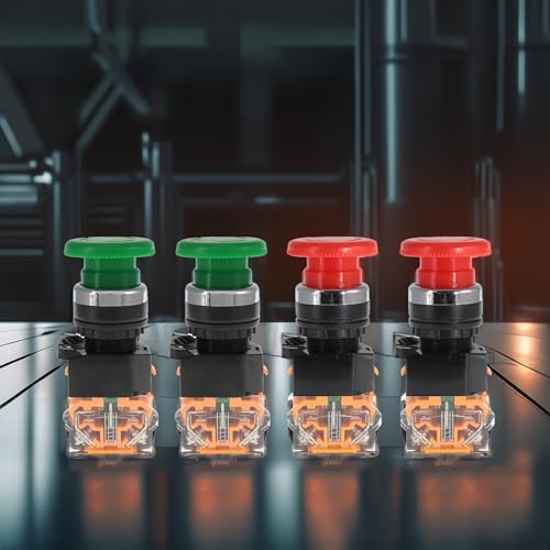 Emergency Push Button Switch, Green&Red Mushroom Head, for Home or Industrial Equipment, Operating Rooms, Distribution Boxes, NO NC, 22mm, Stay-Put (4 Pack, 2 Green & 2 red) - size: 2 Green + 2 Red, style: Stay-put