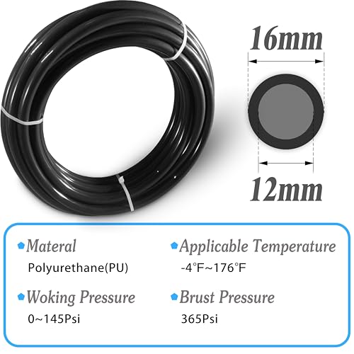Black PU Pneumatic Tubing Air Hose, 16mm OD x 12mm ID, 32.8ft - color: Black, size: 16mm x 10M