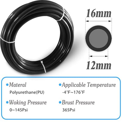 Black PU Pneumatic Tubing Air Hose, 16mm OD x 12mm ID, 32.8ft - color: Black, size: 16mm x 10M