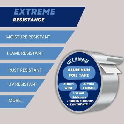 Aluminum Tape - High Temp & Waterproof Foil Tape for Ductwork & Insulation, Strong Adhesive, Heavy Duty Silver Tape, 2" x 27 Yards, Ideal for Sealing & Repairs (1.57 mil) - size: 2"inch*27 yard (1.57 mil)