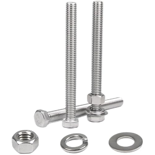 MroMax 5 Sets 3/8-16 x 4 Hex Head Screw Bolt, Nuts, Flat Washer & Spring Lock Washers Kits,Fully Threaded, Stainless Steel 18-8（304）, Bright Finish - size: 3/8-16 × 4" (5 Sets)