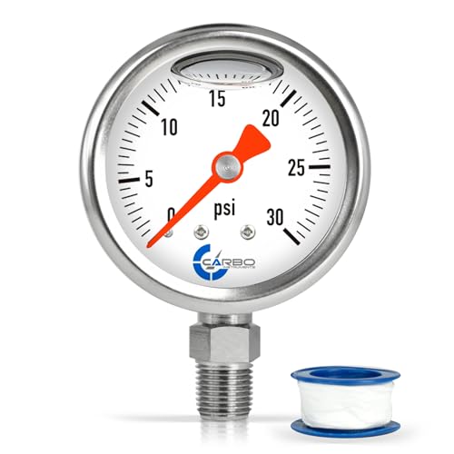 1-1/2" Fuel Pressure Gauge, Stainless Steel Case 304, Chrome Plated Brass Connection, Glycerin Filled, 0-30 Psi, Accuracy 3-2-3%, Lower Mount 1/8" NPT - size: 30 PSI, style: Lower Mount
