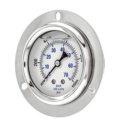 PIC Gauges PRO-204L-254M Panel Mount Front Flanged Glycerin Filled Industrial Pressure Gauge w/ SS Case, Brass Internals, Plastic Lens, 2.5" Dial, 0/1000 psi Range, 1/4" Male NPT - style: 0 - 1,000 PSI