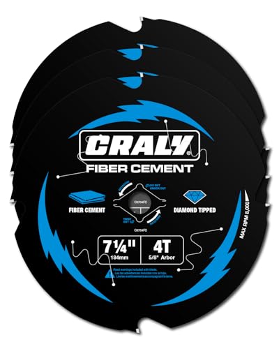 CRALY 7-1/4 Inch 4 Teeth Hardie Fiber Cement Circular Saw Blade, 5/8 Inch Arbor, Polycrystalline Diamond Tipped (PCD), Thin Kerf, Black Ice™, for Laminate Flooring, 3-Pack(C0704FC-3) - size: 7-1/4'', 5/8‘’ arbor, 4T*3