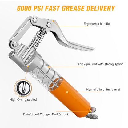GOOACC Mini Grease Gun 6000 PSI 4oz Grease Gun Kit with 12" Flex Hose Extension Adapter Normal Coupler Rigid Pipe Small Pistol Grip Grease Guns for Automotive Farm Industrial Marine Equipment, Orange - size: Manual mini4oz Orange 7PCS