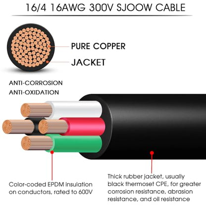 50ft 16/4 Wire SJOOW Portable Power Cable,16 Gauge 4 Conductor SJOOW Cord - size: 50 FT, style: 16AWG(4-Conductor)