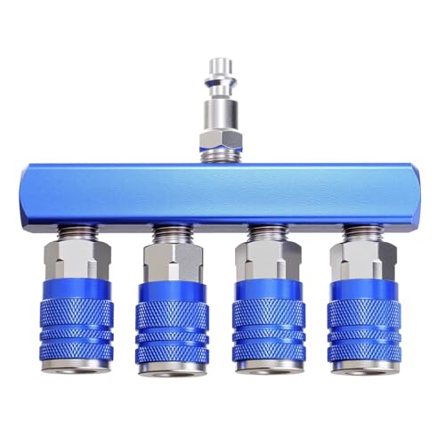 4-Way Air Manifold 1/4 Inch Air Hose Splitter Industrial Connect Fitting 4 Couplers Plug Blue - color: Blue