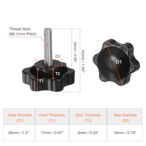 HARFINGTON 8pcs Star Knobs M6 x 25mm 304 Stainless Steel Threaded Stud 38mm Plastic 6-Star Head Hand Tightening Thumb Screw Clamping Jig Knob Handle, Black - size: M6 x 25mm x 38mm