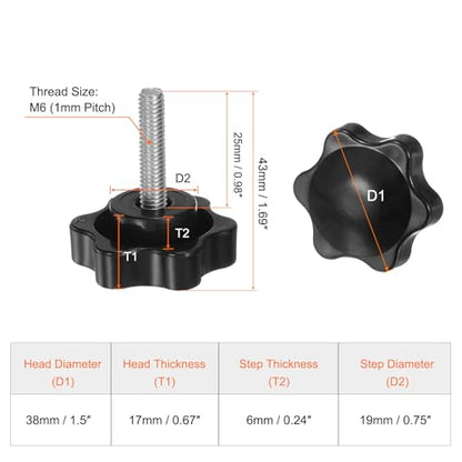 HARFINGTON 8pcs Star Knobs M6 x 25mm 304 Stainless Steel Threaded Stud 38mm Plastic 6-Star Head Hand Tightening Thumb Screw Clamping Jig Knob Handle, Black - size: M6 x 25mm x 38mm