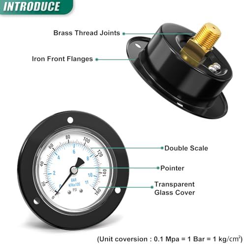 0-160PSI Black Front Flange Panel Mount, Dry Pressure Gauge, 2.5" Dial Size, 1/4" MNPT, Iron Case, with Phillips Screw and Nut, for Water, Gas, Liquid Pressure - color: Dry - Iron Case, size: 0-160PSI