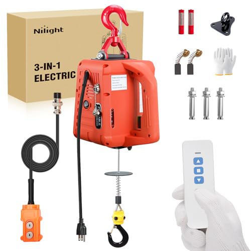 Nilight 3-in-1 Electric Hoist Winch, 1100LBS 1500W Portable Power Winch Crane with Manual Wired Wireless Remote Control, 110V Electric Hoist 25FT Lifting Height for Garage Warehouses Factories, Orange - size: 1100LBS Orange