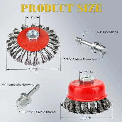4Pcs Wire Wheel Brush for Rust,Paint,Metal Removal, 4" Flat Knotted Twist Carbon Steel Brush & 3" Knotted Wire Cup Brush,Fits 5/8"-11 UNC Arbor(with 2 Pcs 1/4" Shank Drill Adapter) - style: 4" Flat Knotted Wire Wheel & 3" Knotted Wire Cup Brush