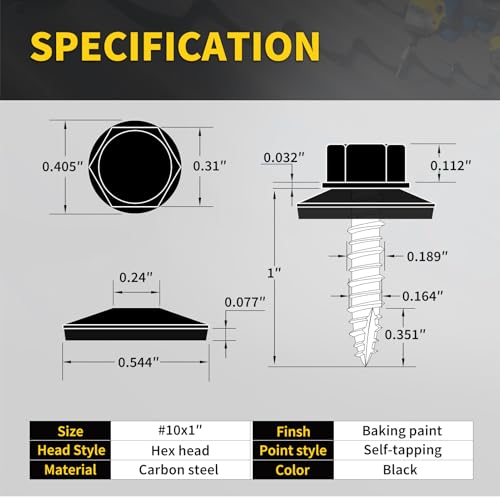 Metal Roofing Screws #10 × 1", 300 PCS, FIXLINK Baking Paint Hex Head Rubber Washer Sheet Metal Roof Screws Self Tapping Metal to Wood Siding Screws, Hex Socket Included, Black - color: Black, size: #10 x 1"