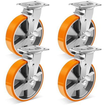 W B D WEIBIDA 8-Inch Industrial Grade Casters Wheels, Heavy Duty Casters Set of 4 with Brake 6000 LBS, Maintenance-Free Polyurethane on Aluminum Wheels, Plate Swivel Casters for Industrial - size: 8 IN