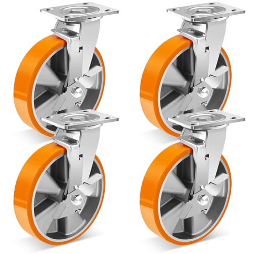 W B D WEIBIDA 8-Inch Industrial Grade Casters Wheels, Heavy Duty Casters Set of 4 with Brake 6000 LBS, Maintenance-Free Polyurethane on Aluminum Wheels, Plate Swivel Casters for Industrial - size: 8 IN