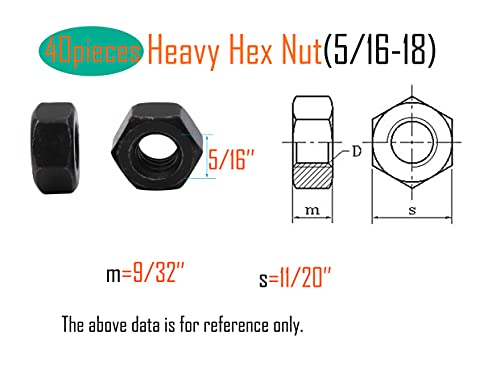 LBY 40pcs Heavy Hex Nuts, 5/16-18 Coarse Thread Hex Nuts, 45# Steel (Black) - size: 5/16-18