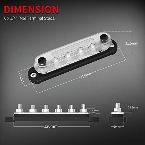 DAIERTEK Marine Bus Bar 12V 6 x 1/4" (M6) Terminal Studs 12 Volt Bus Bar Power Distribution Block with Cover Max 300V AC 48V DC Positive & Negative Battery Terminal Block for Automotive Car Boat - color: BB150-T6M6-C-RB