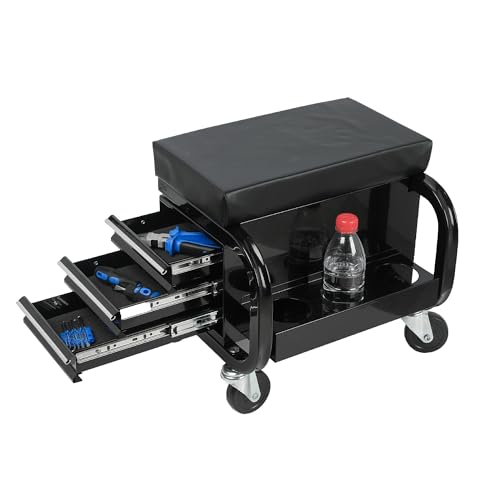 Rolling Creeper Garage/Shop Seat with Three Built-in Drawers, Rolling Tool Chest for Mechanics - Heavy-Duty Steel Construction, Padded Seat, Storage Tank - color: 3-drawer-small