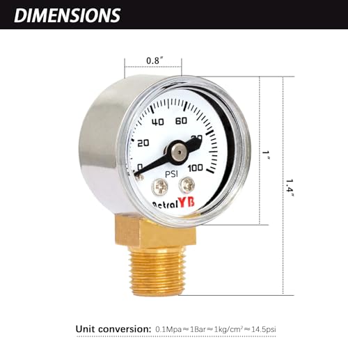 1 Inch Mini Pressure Gauge, 0-100 PSI Gauge, 1/8” NPT Lower Mount, Stainless Steel Case, Brass Internal, ±2.5% Accuracy, Pressure Gauge for Coffee Machines, Air Compressors, and Water Pumps - size: 0-100 PSI, style: Lower Monut