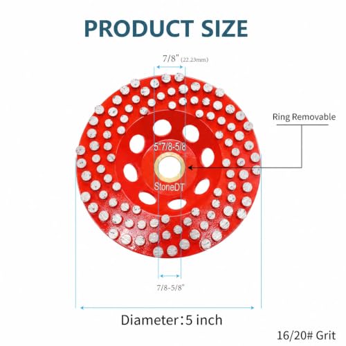 5” Concrete Grinding Wheel, Diamond Grinding Cup Wheel for Marble Granite, Angle Grinder Cup Wheel Fits 7/8-5/8 Inch Arbor, 16/20 Coarse Grit, Dot Segment - style: 5''