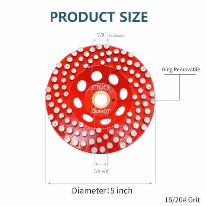 5” Concrete Grinding Wheel, Diamond Grinding Cup Wheel for Marble Granite, Angle Grinder Cup Wheel Fits 7/8-5/8 Inch Arbor, 16/20 Coarse Grit, Dot Segment - style: 5''