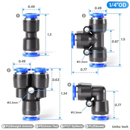 TAILONZ 1/4" Push to Connect Fittings Splitters+Elbows+Tees+Straight 40Pcs - color: Blue, size: 1/4"OD/40PCS