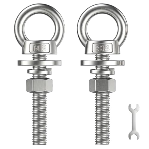 2 Pack M8 Stainless Steel Eye Bolts with Nuts and Washers, 5/16" x 4" Long Lifting Ring Eye Bolt, Heavy Duty Marine Grade 304 Eyebolts for Outdoor String Light Hanging, Tie Down Anchors - size: M8x102mm (5/16"x4")