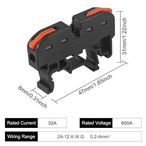 50Pcs DIN Rail Terminal Blocks Compact 24-12 AWG Wire Connectors for Electrical Control Panels Industrial Use - Black - color: black 50pcs