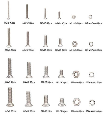 940pcs M2 M3 M4 M5 Phillips Countersunk Flat Head Machine Screws Hex Nuts Flat Washers Assortment - size: M2 M3 M4 M5 940pcs (Countersunk Head-304)