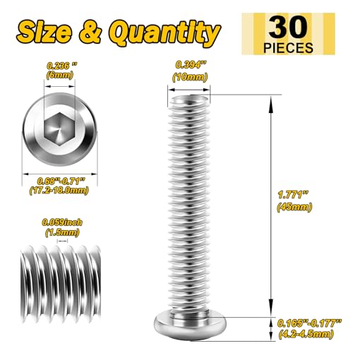 Mywish M10 x 45mm 30Pcs Silver Flat Head Hex Socket Cap Screws Bolts, 304 Stainless Steel Furniture Bolts Full Thread & Hex Spanner - color: Silver-M10, size: 45mm