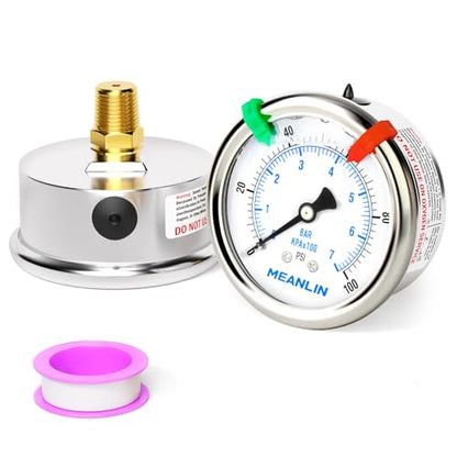 MEANLIN MEASURE 0~100Psi Liquid Filled Pressure Gauge 1/4" NPT 2.5" FACE DIAL Stainless Steel Glycerin Filled WOG Water Oil Air Back Mount (with 2PCS Snaps) - size: 0-100Psi
