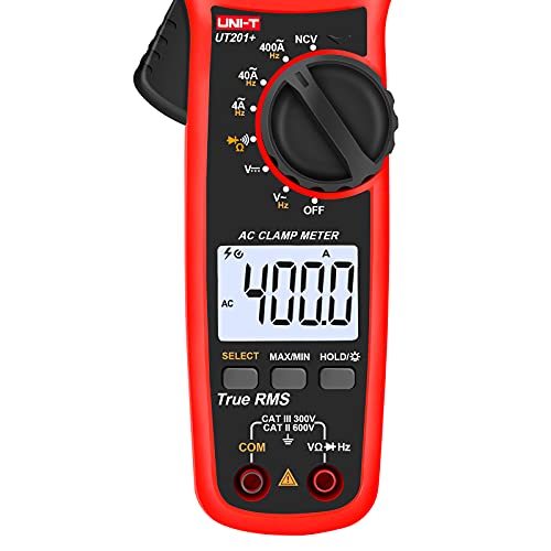 UNI-T Digital Clamp Meter UT201+, AC Current True RMS HVAC Volt Amp Ohm Meter Clamp On Multimeter, Auto Ranging 4,000 Counts NCV AC DC Voltage Frequency Resistance Continuity Diode Tester - size: UT201+