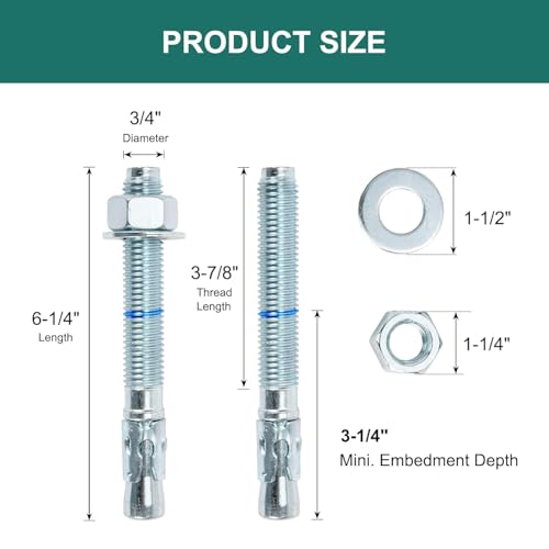 3/4" x 6-1/4" Concrete Anchors (10 Pack) 3/4 inch Wedge Anchors Bolts Zinc Plated - size: 3/4"x6-1/4"