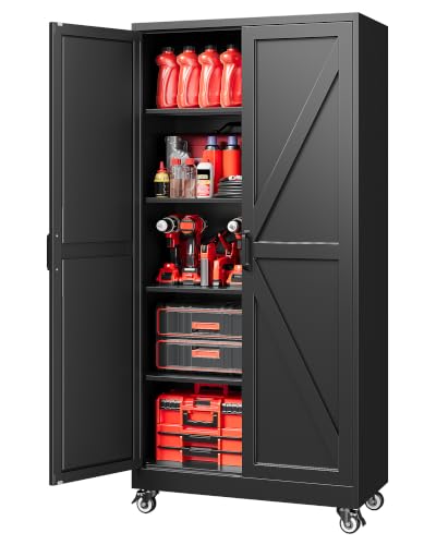 72"Metal Garage Storage Cabinets with Wheels & Adjustable 4 Shelves - color: Black, size: 72"H x 33.5"W x 17.7"D