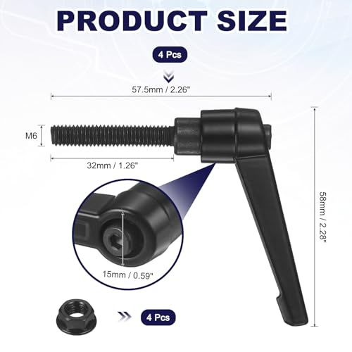 uxcell 4Pcs Adjustable Clamping Lever Handles, M6x32mm Zinc Alloy Male Thread Stud Knobs with Nuts Quick Release Bolt Rotating Screw Handles for Lathes Woodworking, Black - size: M6x32mm