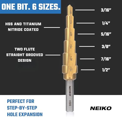 NEIKO 10183A Step Drill Bit, 6 Steps 3/16” to 1/2” Straight High Speed Steel, Titanium Nitride Coated, 1/4” Tri Flat Step Bits for Steel, Metal, Wood, Plastic, Unibit Cone Drill Bits, Two Flute - size: #2 (3/16 - 1/2", 6S), style: Straight