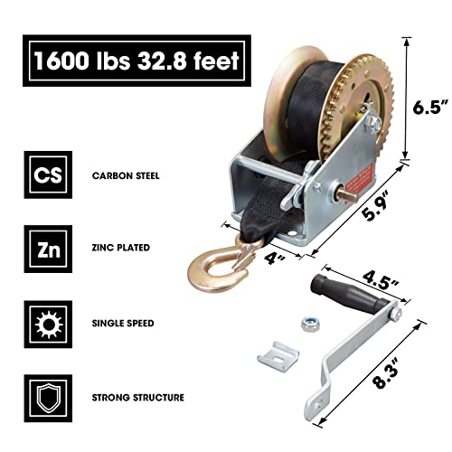 Torin 1600lbs Heavy Duty Hand Crank Winch – 32.8ft Nylon Strap, Two-Way Ratchet Boat Trailer Winch, Corrosion Resistant for Trucks, ATVs, Boats (Silver) - size: 1600 lbs, style: Nylon Strap 2024